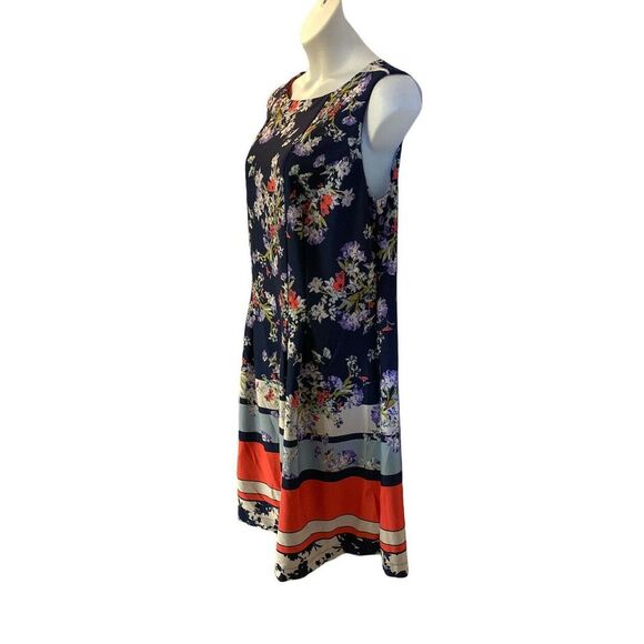 TAYLOR Pleated Pocket Floral Border Navy Coral Office Party Scuba Knit Dress - Picture 4 of 12